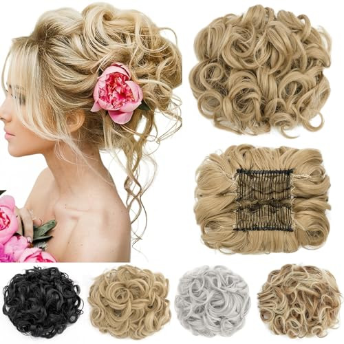Short Messy Curly Dish Hair Bun Extension Easy Stretch hair Combs Clip in Ponytail Extension Scrunchie Chignon Tray Ponytail Hairpieces Ash Blonde