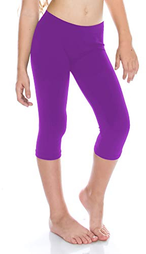 Kurve Girl’s Stretch Capri Leggings – Kids Seamless Dance Gymnastic Active Pants UV Protective Fabric UPF 50+ Made in USA KLG002 Neon Purple S/M