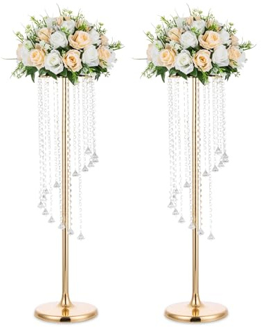 Nuptio Wedding Centerpieces Gold Vases: 2 Pcs 35.4in Tall Crystal Flower Vase Metal Flowers Stand for Party Tables Decorations - Elegant Bulk Weddings Decoration Table Chandelier Centerpiece Stands