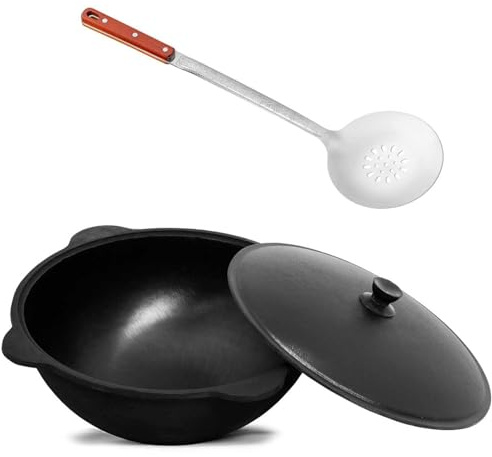 Cast Iron Kazan 16 L (Round Base) with Skimmer Namangan Kazan Uzbek Cast Iron Kettle Uzbek Camping Uzbek Swivel Pot Asia WOK Pot with Aluminium Lid Grill Wok Cast Iron Wok Pan