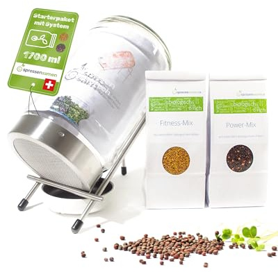 biosprosser Sprossenglas Set mit Starterpaket - Fitness-Mix 250g & Power-Mix 250g - Keimglas für Sprossen - inkl. Sprossenglas Deckel, Ständer & Sieb (1700ml)