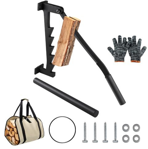 SWAWIS Cortador de Troncos Manual, Cortador de Leña for Montaje en Pared con Asa Desmontable & Paquete de Leña, Divisor Manual de Troncos Acero de Alto Carbono, para Chimenea Fogata Camping
