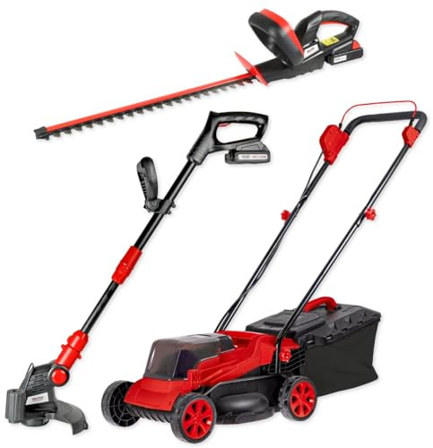 WALTER Akku Gartengeräte Set - Praktisches Set Mit Rasenmäher, Rasentrimmer und Heckenschere für Rasen- und Heckenpflege