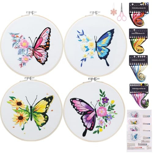 Genround sticken set erwachsene, 4 set, embroidery kit, kreuzstich set, Stickset für Anhänger, Inklusive stickrahmen Butterfly Pattern Reifen Farbfäden, Easy to Follow Anleitung Video