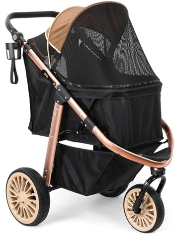 DAISTERN Hundebuggy bis 30KG, Klappbarer Aluminium-Hundewagen, Gepolsterte Liegefläche, Schwenkbares Vorderrad, Große Hinterrad, Hinterradbremsen, Verstellbarer Griff, Sicherheitsleine