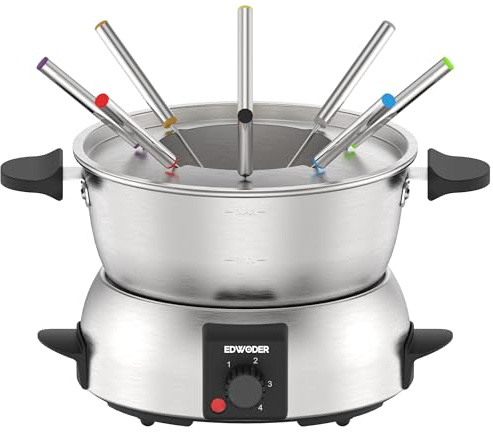 Electric Fondue Pot Set,2-Quart 1000-Watt Stainless Steel Fondue Maker with Temperature Control,8 Forks,Perfect for Chocolate, Cheese, Caramel