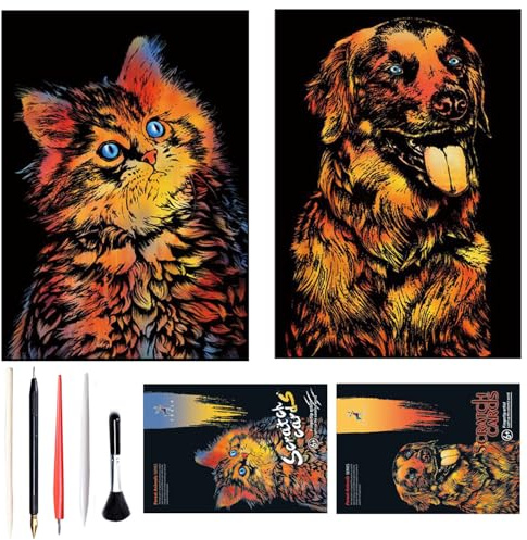 Georgie Porgy Scratch Art Kit pour Enfants Adulte Magic Rainbow Papier à gratter A4 A3 Cartes Postales pour Noël Cadeau d'anniversaire (A3-Chat + Chien)