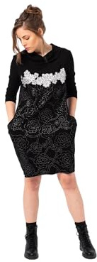 Mamatayoe Devorè. Abito Corto da Donna, con Stampa Nera e Bianca, con Dettagli Ricamati. Abito Casual Lavorato a Maglia Roma con Tasche e Maniche Lunghe per Autunno Inverno., Stampato, L