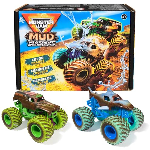 Monster Jam Mud Blasters, Grave Digger and Megalodon Color Changing Trucks 2-Pack, 1:64 Die Cast Vehicle, Kids Toys for Boys and Girls 3 and Up