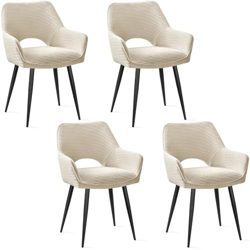 JIJIAN Set of 4 Dining Chairs, Upholstered Armchair with Arms with Backrest and Black Metal Legs for Living Room, Restaurant, Kitchen (Beige)
