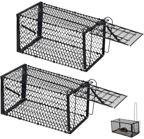 WDKXCN Humane Rat Traps, 2 Pcs Reusable Squirrel Traps, Live Rat Cage Trap, Humane Mouse-trap for Voles Hamsters Indoors Outdoors Home Office Use, Black