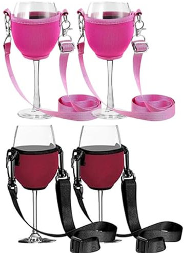 Ailovone Weinglashalter zum Umhängen Weinglas Halshalter Stoff 4 Stück Tragbarer Weinglashalter Hängend Halsglashalter für den Hals für Geburtstag, Hochzeit, Party (rosa+ Wein, Groß/24CM)
