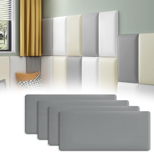 Wall Cushion Padding, 4 Pcs Kid's Anti Collision Wall Padding, 40 * 20cm 3D Padded Wall Panels, Tatami Peel and Stick Wall Stickers, Self Adhesive Headboard Panels, for Nursery, Bedrooms (Grey)