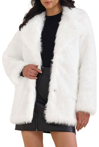 Allegra K Manteau en Fausse Fourrure Femme Veste Duveteuse à Manches Longues à Col Revers, Vêtements D'Extérieur D'Hiver Blanc L