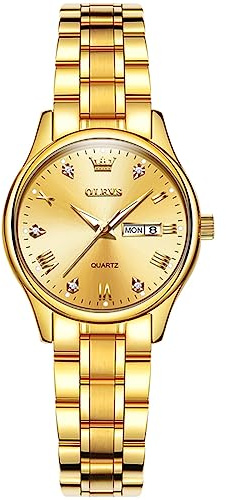 OLEVS Armbanduhr Damen Gold Analoger Quarz Edelstahl Damenuhr Klassisches Kleines Gesicht Römische Ziffern Diamant Damen Armbanduhr Wasserdicht Tag Datum Leuchtend Freizeit Damenarmbanduhr