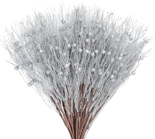 KI Store 20 pezzi ramo decorativo Silver per Natale, rami artificiali da 45 cm con glitter, ramo per addobbi natalizi, ramo di vischio per decorazioni natalizie