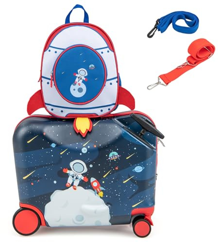 GOPLUS Maleta Infantil de 2 Piezas con Ruedas Giratorias, Equipaje de Viaje con Mochila, Juego de Equipaje para Niños Ride-on & Sit-on & Carry-on 47cm y Mochil 30 cm, Maleta de Cabina (Astronautas)