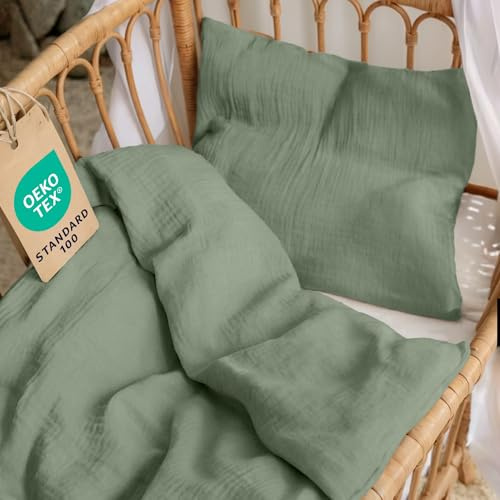 Dreamzie Baby Sängkläder Set 80x80 i 100% Bomull - Bomull Gaze Påslakan 80x80 cm + Örngott 35x40 cm, OEKO-TEX Certifierad - Grön färg