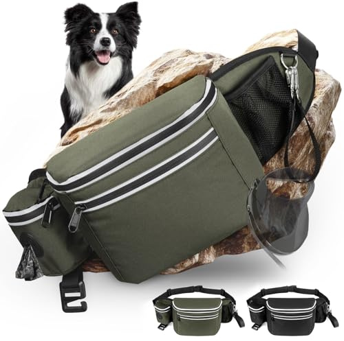Sac Banane pour Chien avec Distributeur de Sacs et Porte-Bouteille, Sac à Friandises Dressage, Sac de Taille Promenade Jogging Randonnée, Anneau D et Bandes Réfléchissantes
