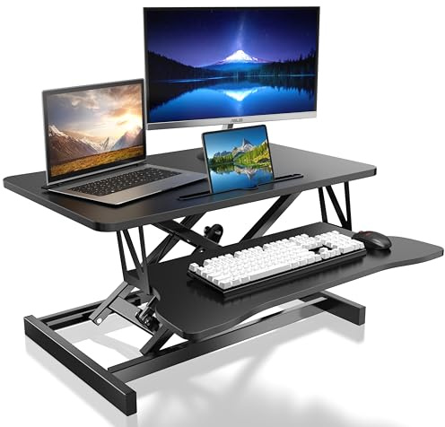 Steh-Sitz Schreibtisch Steharbeitsplatz Stehpult Stehtisch Ergonomische Höhenverstellbar, Arbeitsplatz für zwei Monitore und Laptops mit großer Tastaturablage, Steh-Sitz-Aufsatz für Büro (80CM)