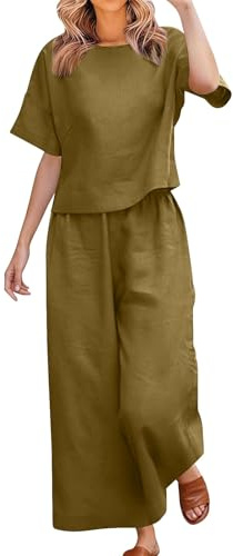 Completi Pantaloni Donna Lino E Cotone Elegante Set Estivo Completo Drop Shoulder T-Shirt Casual Da Donna In Due Pezz Essenziale Taglie Forti Curvy Abbigliamento Signora Tuta Mare Per L’Estate