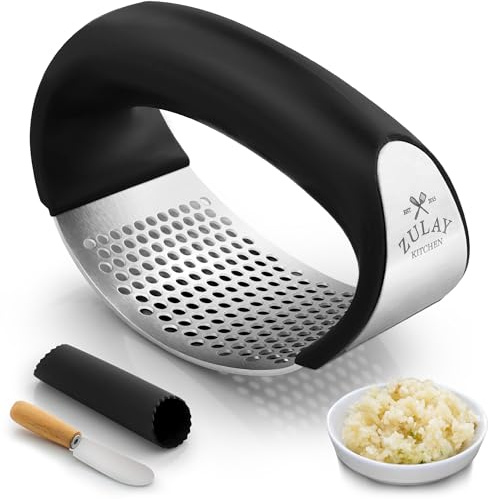 Zulay Stainless Steel Garlic Press Rocker Set - Premium Garlic Mincer Garlic Crusher - New Innovative Garlic Crusher with Peeler and Scraper - Comfortable Grip (DeepBlack)