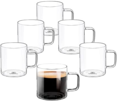 Wilmax Juego de 6 vasos de té y café con asa, 100 ml, vasos para bebidas calientes y frías, vasos de café, copas de vino caliente, vasos de zumo, vasos de agua, tazas de cristal, aptos para