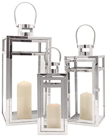 TRIROCKS 3tlg. Edelstahl Hängende Glaslaterne 48/38/30,5 cm Hoch Kerzenständer Windlicht Hochzeitsgeschenke Für Kerzen Garten Draußen Terrassen Balkon Dekoration (Silber)