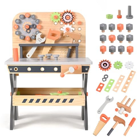 Yontwe Kinderwerkbank aus Holz, Spielwerkzeuge Werkzeugbank aus Holz Multifunktions Simulationswartung Werkzeugtabelle zur Demontage von Schrauben und Muttern für 3+ Jahre alt