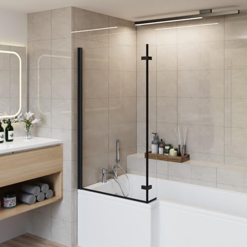 Aquariss 810 x 1400mm L-Shaped Pivot Hinged Return Panel Bath Screen Black | Small Bathroom Over Bath Shower Screen Glass Panel with Return Panel, 6mm Easy Clean Toughened Glass, Reversible