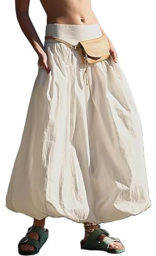 Acrawnni Women Y2k Bubble Maxi Skirt Low Elastic Waist Ruffle Pleated A-line Long Skirts Summer Beach Loose Fit Cute Puffball Balloon Skirt