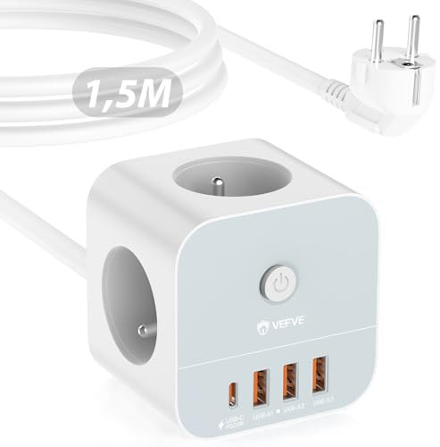 VEFVE Multiprise Électrique avec USB C (Charge Rapide PD 20 W), Cube Prise Multiple avec Interrupteur (3680 W/16 A), 3 Prises et 4 Ports USB, Rallonge Électrique 1,5m