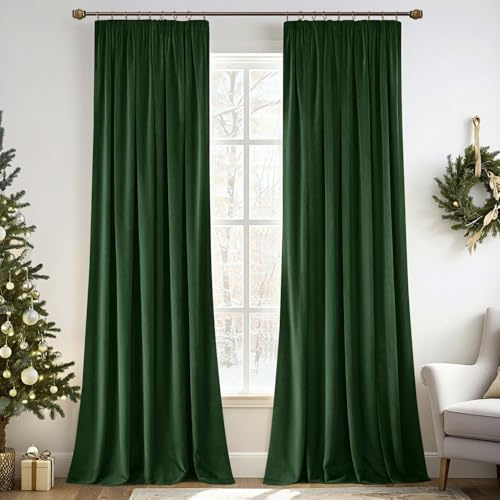 MIULEE Dark Green Velvet Pencil Pleat Darkening Curtains for Bedroom 2 Panel Set, Super Soft Luxury Home Decor Living Room, Thick Room Darkening Curtains 90 Drop, Each 46 x 90 Inche