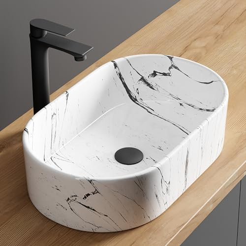 Planetmöbel Aquil Elegant Waschbecken Oval | Aufsatzwaschbecken für Badezimmer und Gäste-WC | Handwaschbecken ohne Hahnloch und Überlauf | Marmor Weiß, 55 x 34 x 14 cm