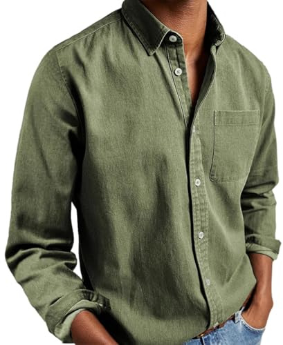 Casco de leñador para hombre a la moda, camisa simple y cómoda con botones de color liso Top de manga larga camisa de montaña, Verde, XL