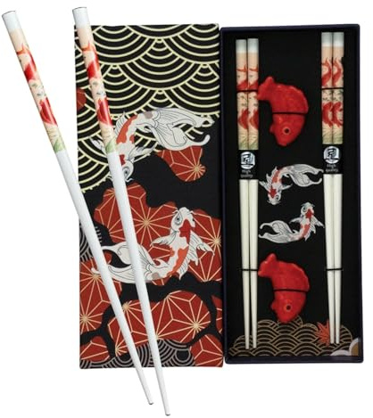 JADE TEMPLE Essstäbchen Bambus, Koi-Design, mit Halter, 22,5cm, 2 Paar