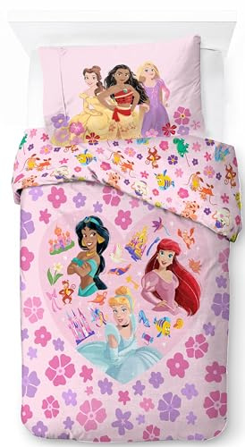 Jay Franco Disney Princess Floral 100% Cotton Single Duvet Cover Set - Includes 50 x 70 cm Pillowcase