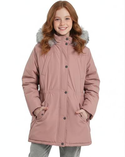 SOLOCOTE Vinterkappa för flickor vattentät tjock skidjacka med fuskfjäder huva lång barnparkas, Rosa, 10 år
