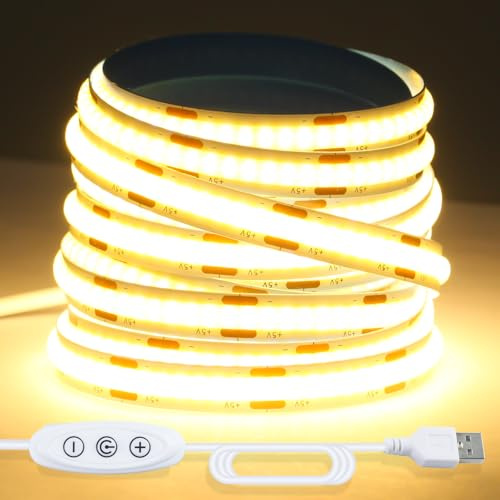 CUQI Tira LED COB, 3M USB Blanco Cálido 3000K Tira LED Regulable para Retroiluminación LED de TV, Armarios, Espejos, Dormitorios, Decoración del Hogar (960 LED/3M)
