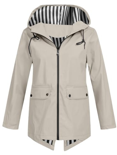 waterproof jacket women Waterproof Jacket for Women Lightweight Windbreak Hooded Rain Coat UK Loose Casual Long Sleeve Water-resistant Raincoat Ladies Autumn Outdoor Hiking Wear Outfits Beige L