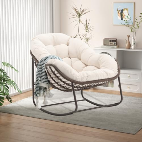 LIFEISLE Schaukelstuhl Schaukelsessel mit Rattan, Loungesessel drinnen & draußen, Ei-Schaukelstuhl für Wohnzimmer Balkon Garten Outdoor und Indoor Samt Weiß