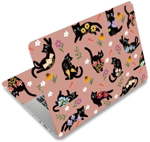 SUPERDANT Schwarz Katzen Laptop Skin Niedlicher Kätzchen Mit Blumen Laptop Aufkleber PVC Computer Sticker Staubdicht Wasserfest Kunst Dekor Schutzfolie 12 13 13.3 14 15 15.4 15.6 Notebook Folie