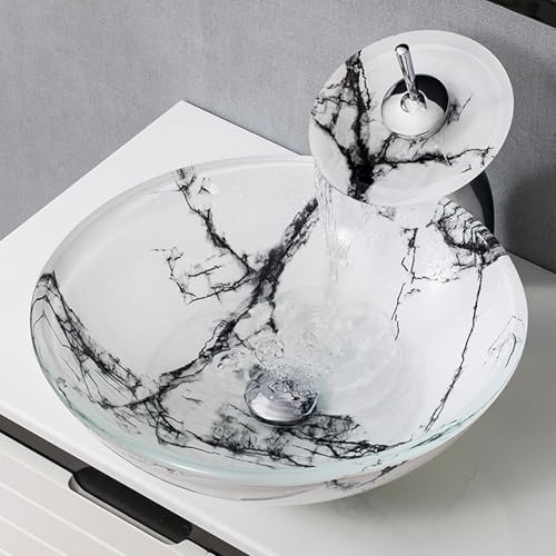 Lavandino da bagno in vetro temperato con rubinetto a cascata e kit di scarico, struttura in finto marmo, superficie antigraffio per una maggiore durata, ideale per residenze e hotel