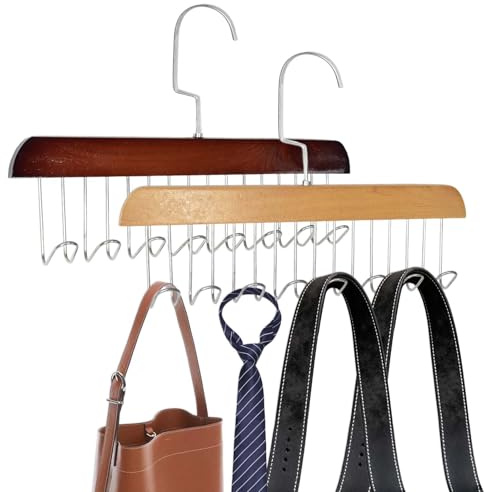 Lot de 2 Cintre de Ceinture, Porte-Ceinture en Bois avec 8 Crochets, Rotatif à 360°, Porte-Cravates en Bois, 28 x 18 x 1,2 cm, pour Écharpe, Cravates (d'origine + Marron Vintage)