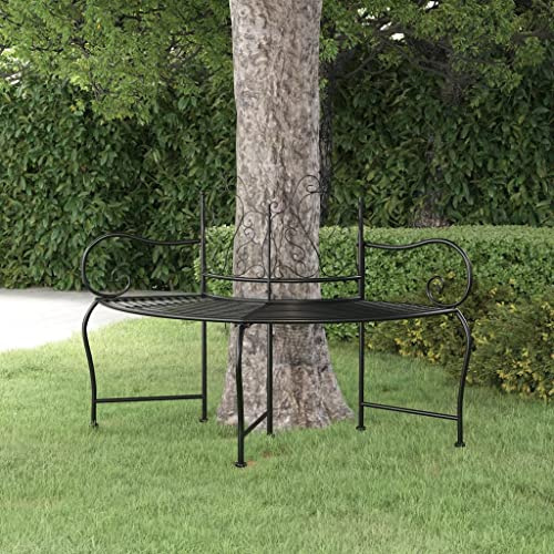 Ziaphsol Banc d'arbre 150 cm noir en acier résistant aux intempéries avec assise et dossier pour extérieur, balcon, terrasse, lieu de repos