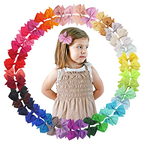 JOYOYO 40 Pcs Hair Bow Clips for Girls Craft Ribbon Bows Colorful Grosgrain Ribbon Material Medium Size 3.5 Inch, Girls Hair Bows Hair Accessories