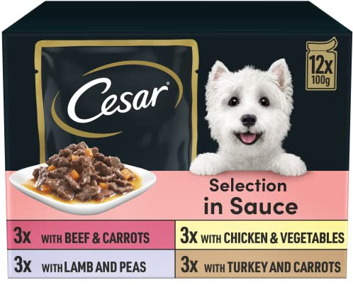 CESAR Pouch Selection in Sauce, Fresh Adult Wet Dog Food Pouches in Delicious Sauce with Succulent Meats and Vegetables, 48 x 100 g