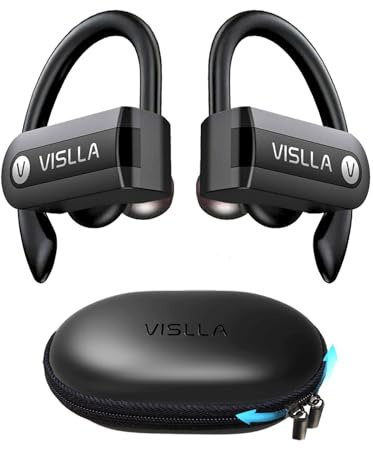 Vislla Wireless Earbuds, Bluetooth Earbuds with Earhooks Over Ear, 82H Long Battery Life,HiFi Running Headphones with Mic,PU Leather Charging Case,Waterproof Sport Ear Buds for Android Gym Working Out