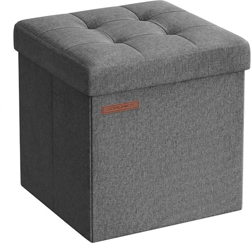 SONGMICS 11.8 Inches Small Folding Storage Ottoman Cube, Storage Footrest, Foot Rest Stool, for Living Room, Bedroom, Dorm, Dark Gray ULSF028G01
