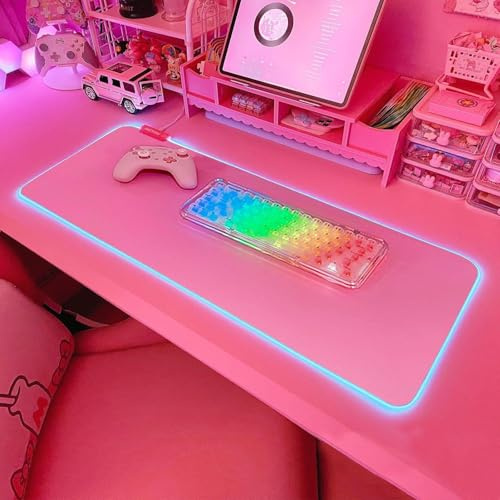 JMIYAV Rosa RGB spelmusmatta LED utökad stor skrivbordsunderlägg halkfritt gummi XL XXL rosa spelmusmatta stor musmatta musmatta för spelare 800 x 300 mm P1-1